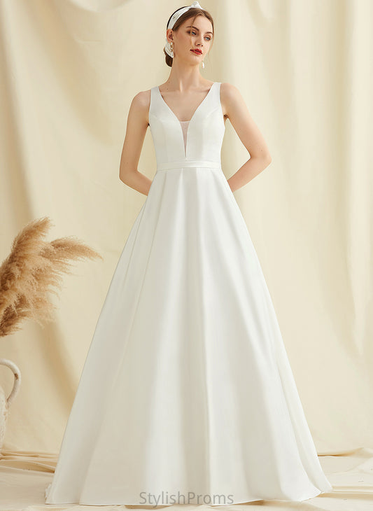 Wedding With Train Satin Wedding Dresses Dress Ball-Gown/Princess V-neck Pockets Sweep Mandy Lace