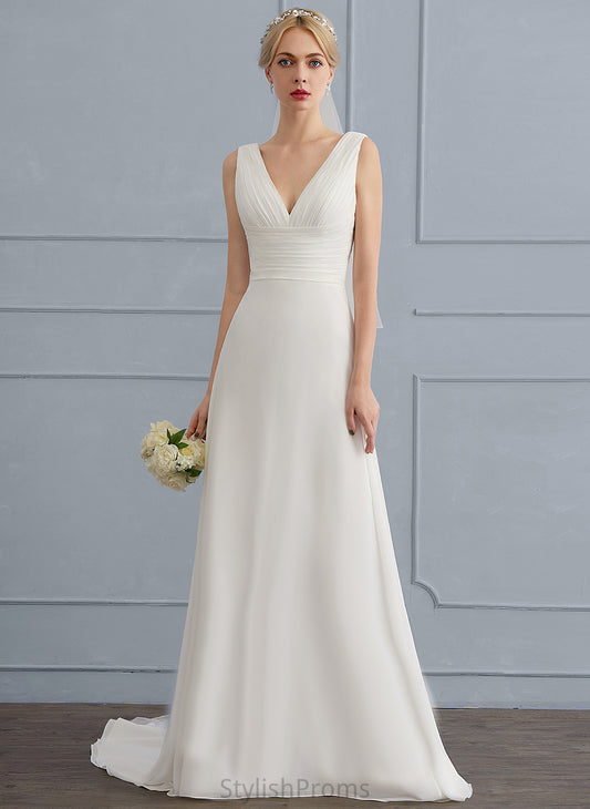 Wedding Dresses With Chiffon Emilee Lace Wedding V-neck Sweep Train Dress Ruffle A-Line