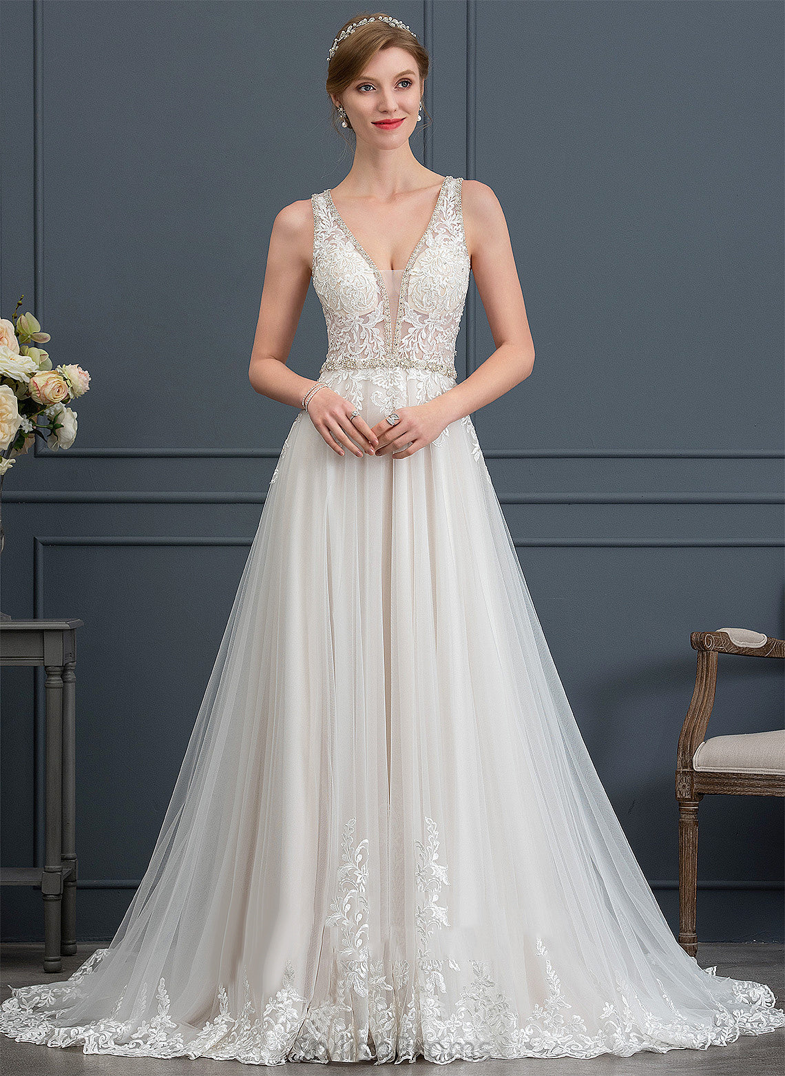 V-neck Sequins Beading With Court Wedding Tulle Ball-Gown/Princess Wedding Dresses Lace Train Phoebe Dress