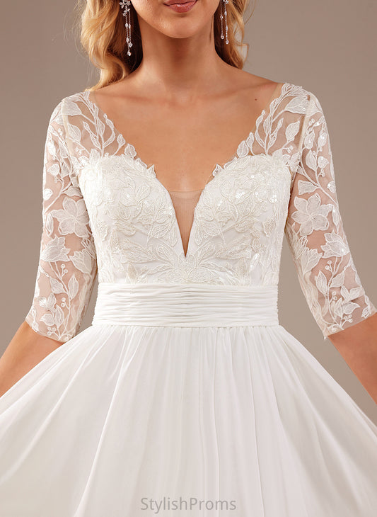 Wedding Wedding Dresses V-neck Ruffle Floor-Length Lace A-Line Sophronia Sequins Dress With Chiffon