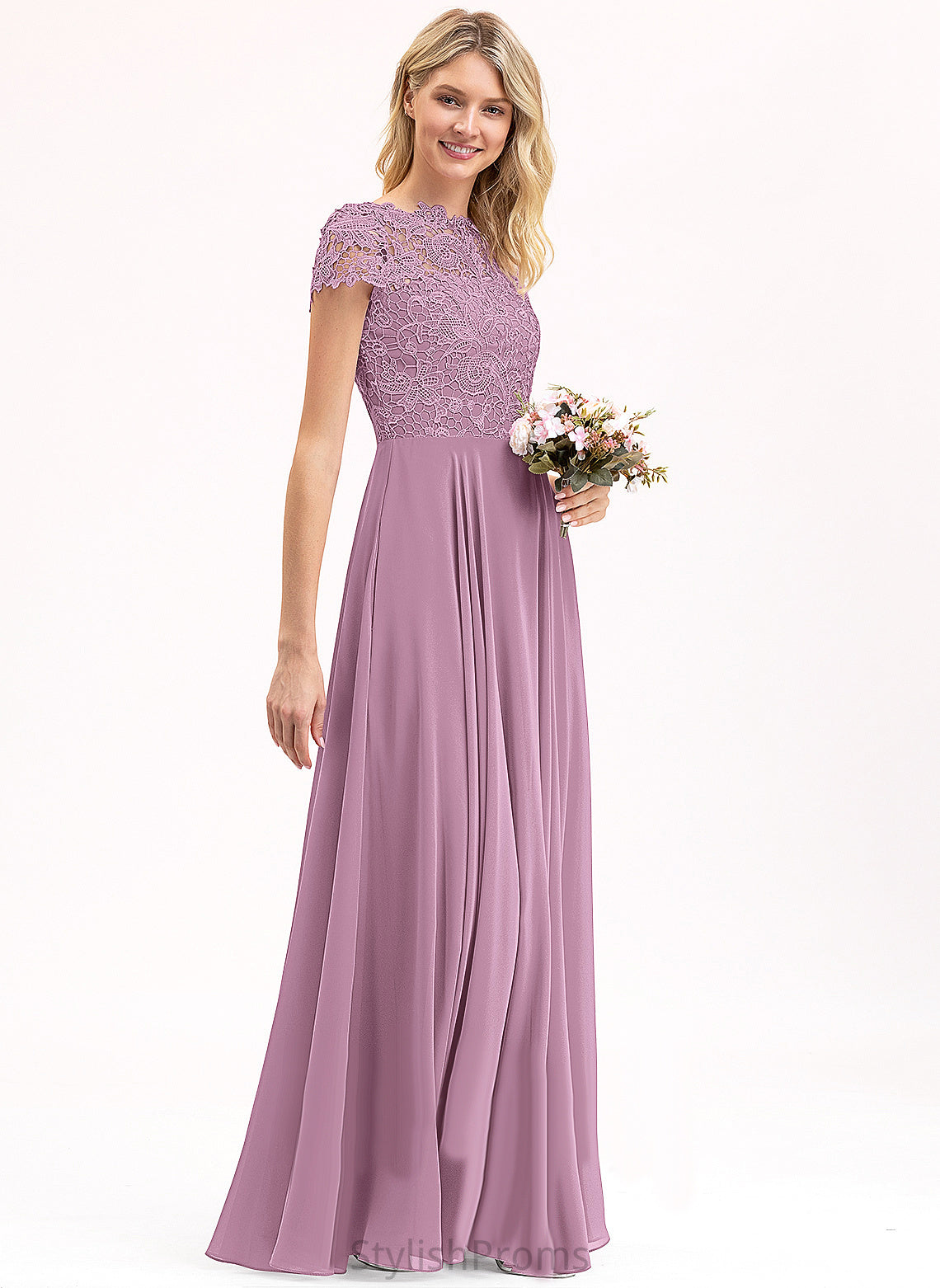 Scoop Neckline Length Silhouette A-Line Fabric Floor-Length Lace Straps&Sleeves Meredith Natural Waist V-Neck Bridesmaid Dresses