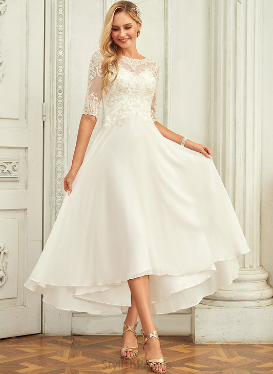 Lace Scoop Neck A-Line Chiffon Wedding Dresses Wedding With Sequins Asymmetrical Beading Dress Ruby