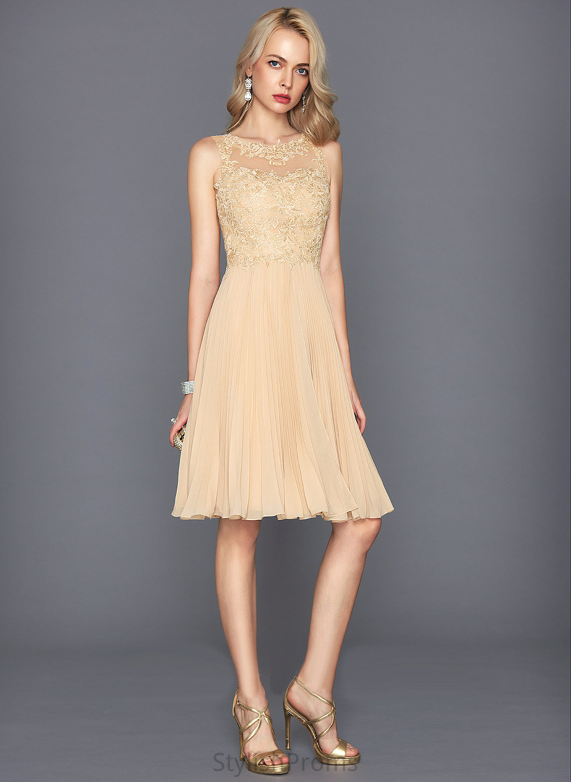 Dress Neck With Pleated Scoop Elva Cocktail Dresses Knee-Length Cocktail Lace A-Line Chiffon