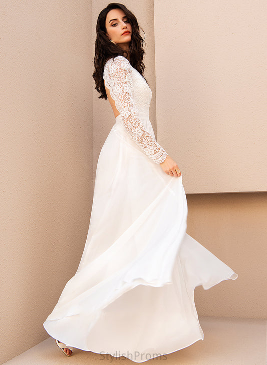 Floor-Length Lace Dress A-Line Elaina Wedding Chiffon With V-neck Wedding Dresses