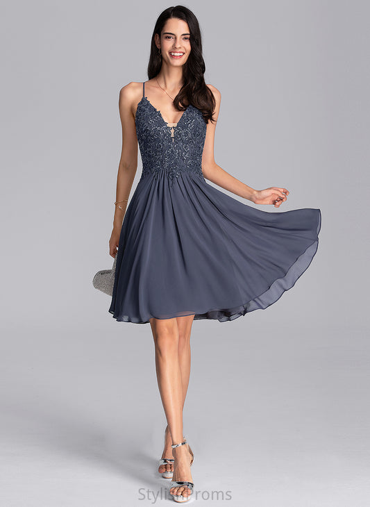 Josie Lace Dress Beading Knee-Length Lace A-Line Cocktail Dresses V-neck Chiffon Cocktail With