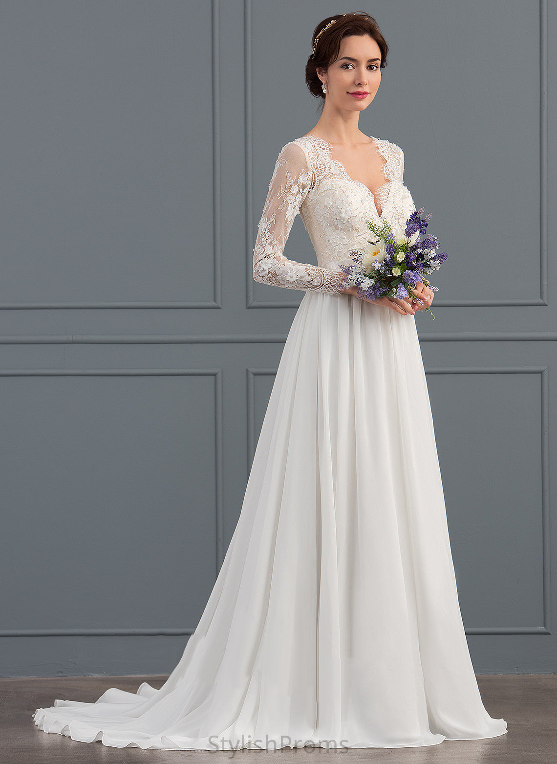 With Sweep Beading Dress A-Line Chiffon Wedding Dresses Train Lace Wedding Stella V-neck Sequins