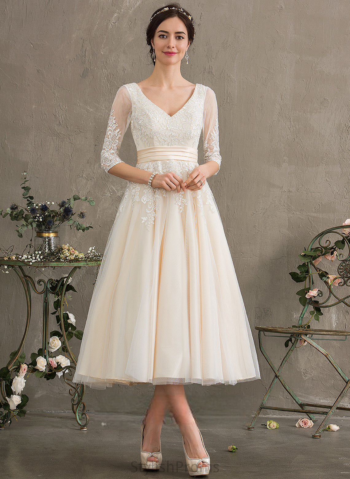 V-neck Dress Wedding Ball-Gown/Princess Tulle Bailee Tea-Length Lace Wedding Dresses