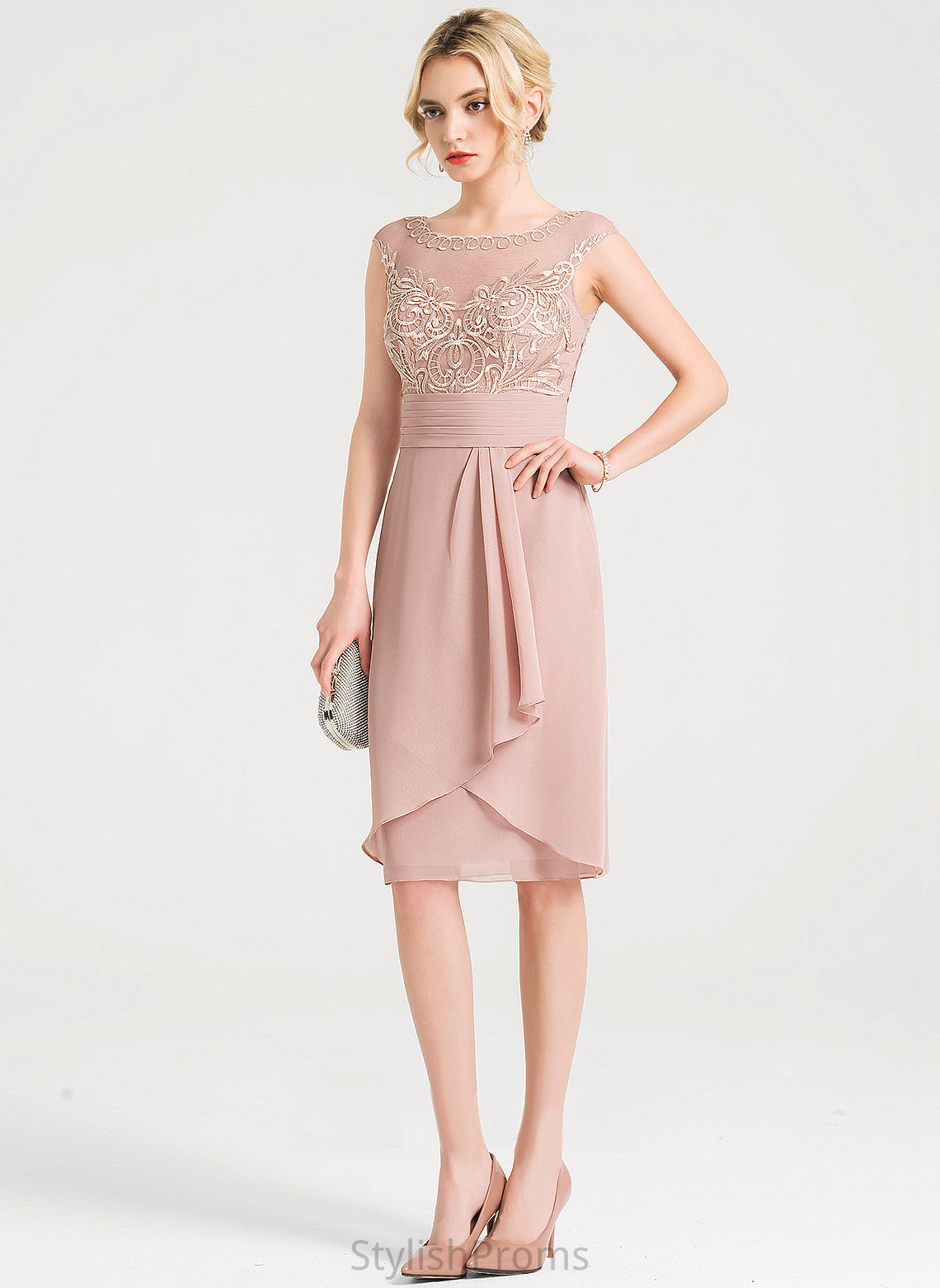 Lace Dress Sheath/Column Chiffon Cocktail Neck Ruffles With Cornelia Scoop Cascading Knee-Length Cocktail Dresses