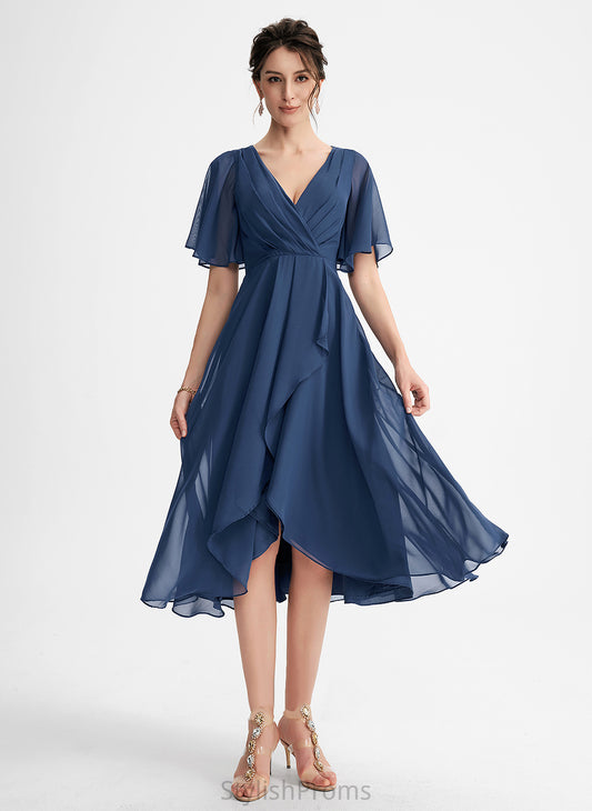 A-Line Asymmetrical Evangeline V-neck Cocktail Dresses Chiffon With Dress Ruffle Cocktail