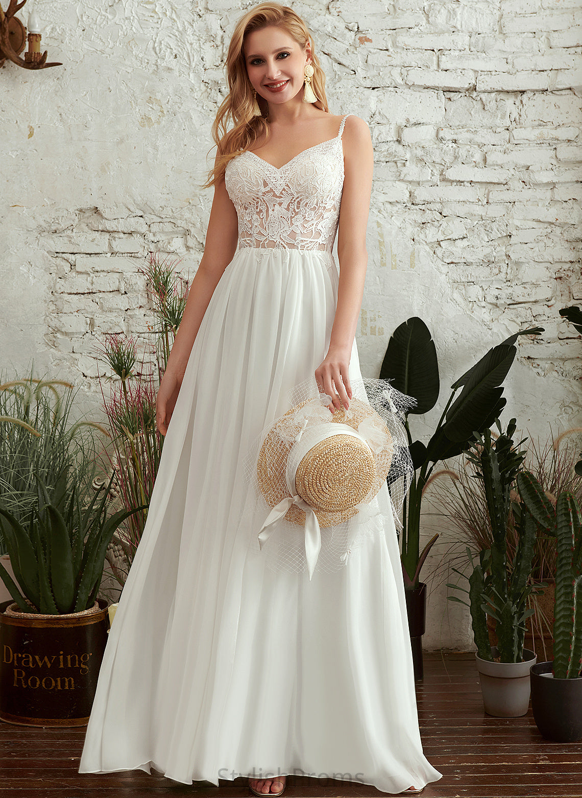 With Beading V-neck Lace A-Line Chiffon Tia Floor-Length Wedding Wedding Dresses Dress