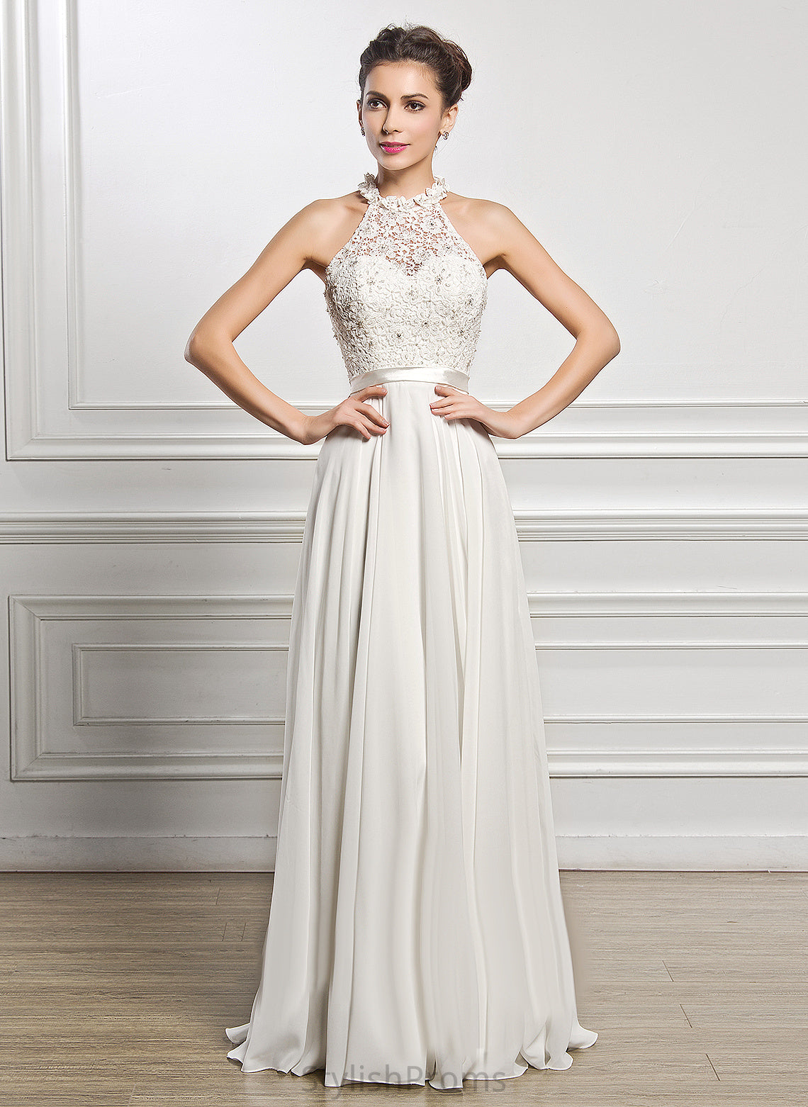 A-Line Floor-Length Chiffon Wedding Dresses Scoop Sequins Dress With Wedding Lace Piper Beading Neck