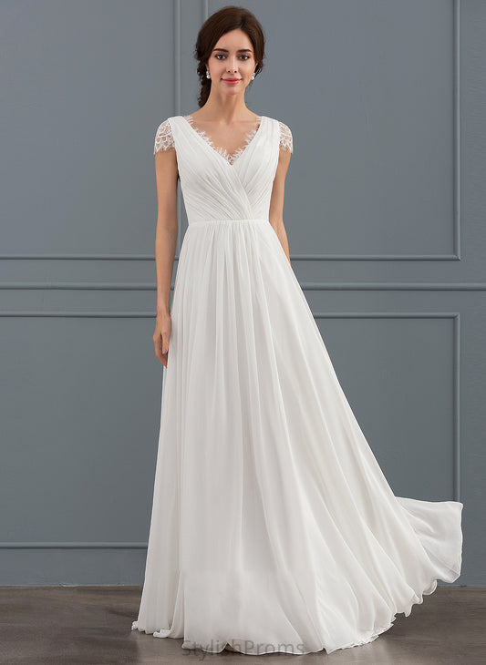 Elyse V-neck Wedding With Wedding Dresses Floor-Length Dress Ruffle A-Line Chiffon Lace