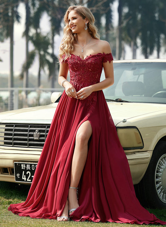 A-Line With Train Sweep Prom Dresses Off-the-Shoulder Sequins Lilyana Chiffon Lace