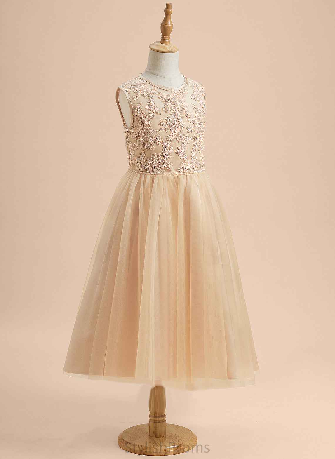 Tea-length Dress A-Line Flower Girl Dresses Scoop With - Neck Beading/Sequins Girl Flower Kiera Sleeveless Tulle/Lace