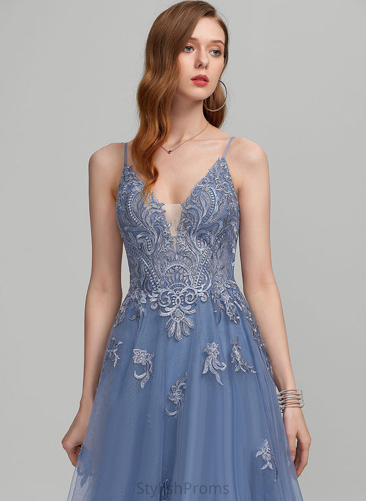 A-Line Floor-Length Prom Dresses V-neck Nora Lace Tulle With Sequins