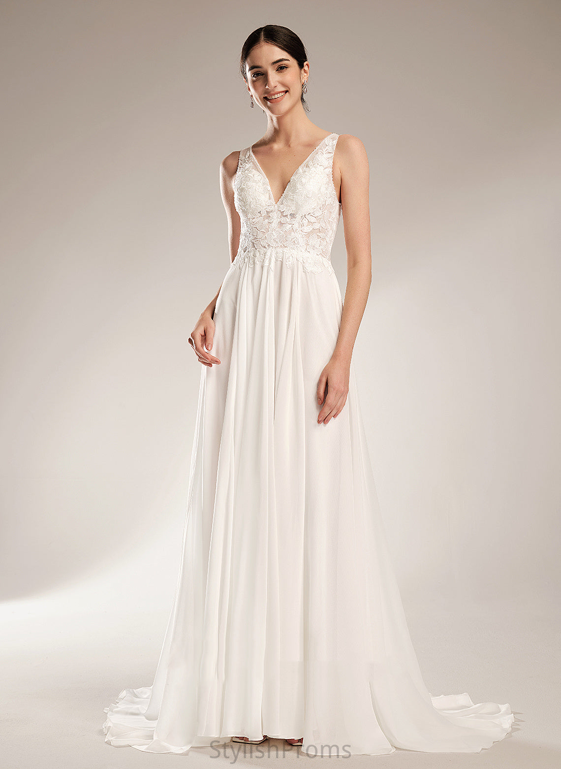 Haven A-Line With Wedding Dresses Beading Train Court V-neck Lace Sequins Wedding Chiffon Dress