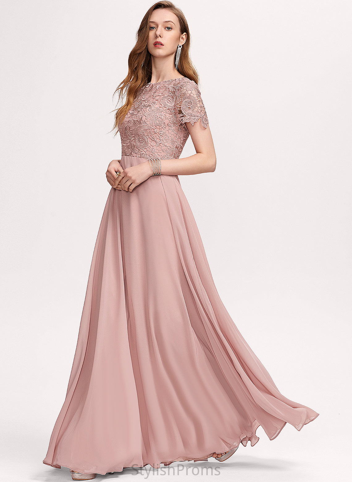 A-Line Floor-Length Neckline Scoop Lace Fabric Silhouette Length Straps&Sleeves Courtney Natural Waist Floor Length Bridesmaid Dresses