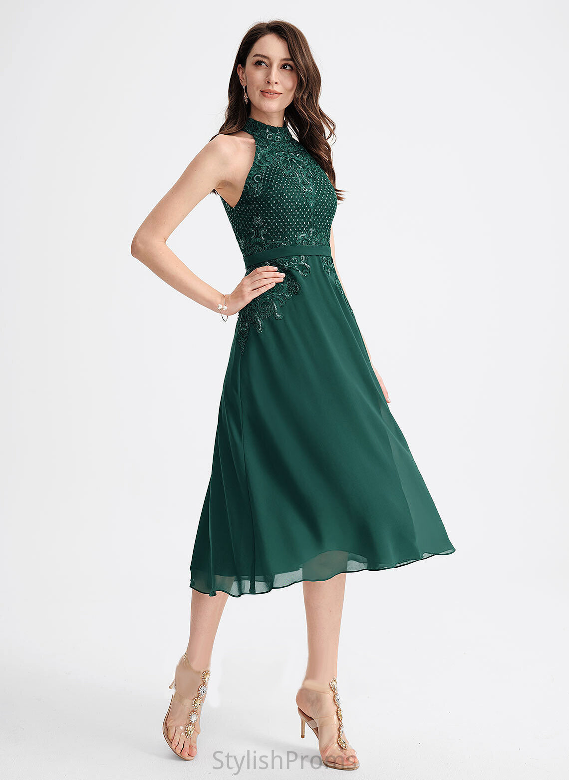 Dress Neck Sequins Cocktail Dresses With Chiffon A-Line Tea-Length Scoop Lace Itzel Cocktail