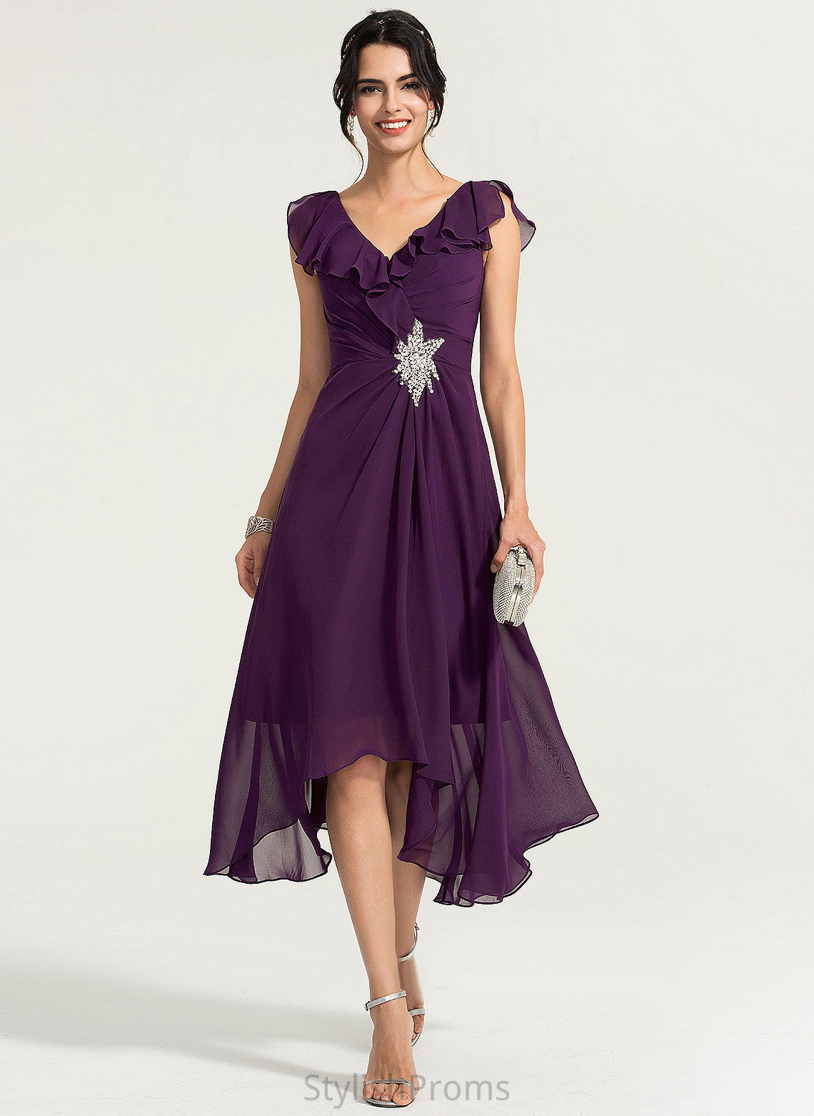 Zariah Cocktail Asymmetrical Cocktail Dresses With Chiffon Dress V-neck A-Line Beading