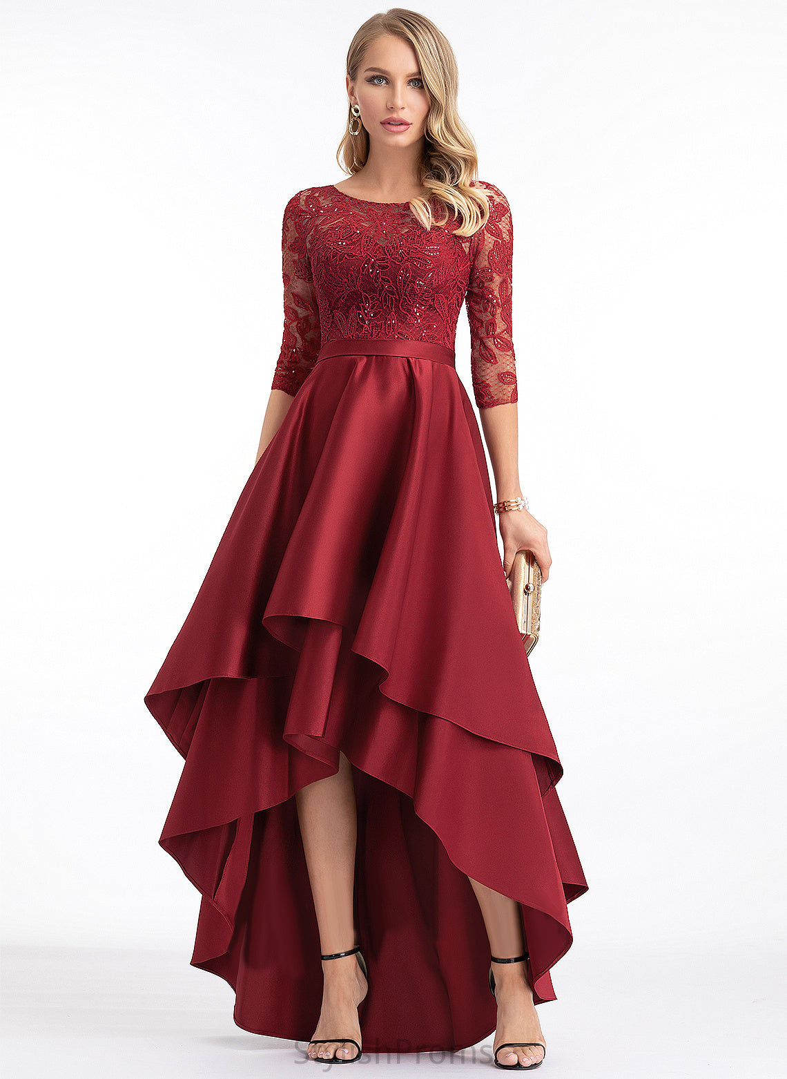 A-line Asymmetrical Round Satin Satin Neck 1/2 Dresses Sleeves Sequins Club Dresses Lace Rosa