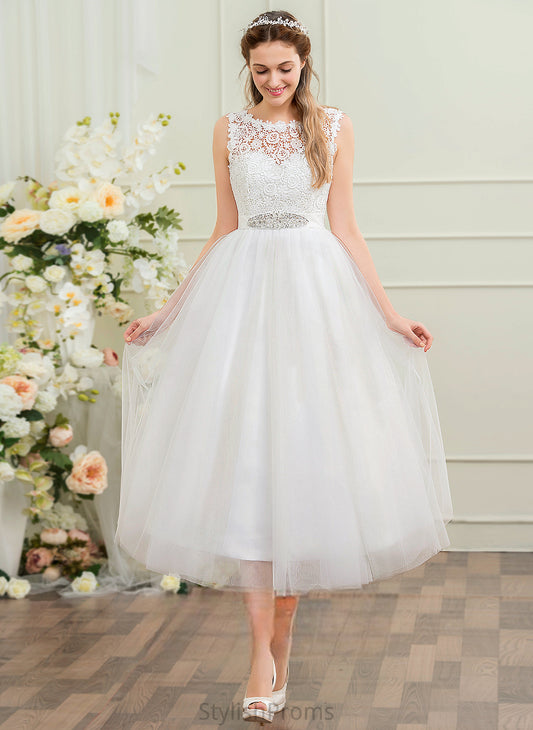 London Neck Sequins Wedding Dresses With Wedding Scoop Lace Beading Ball-Gown/Princess Tea-Length Dress Satin Tulle