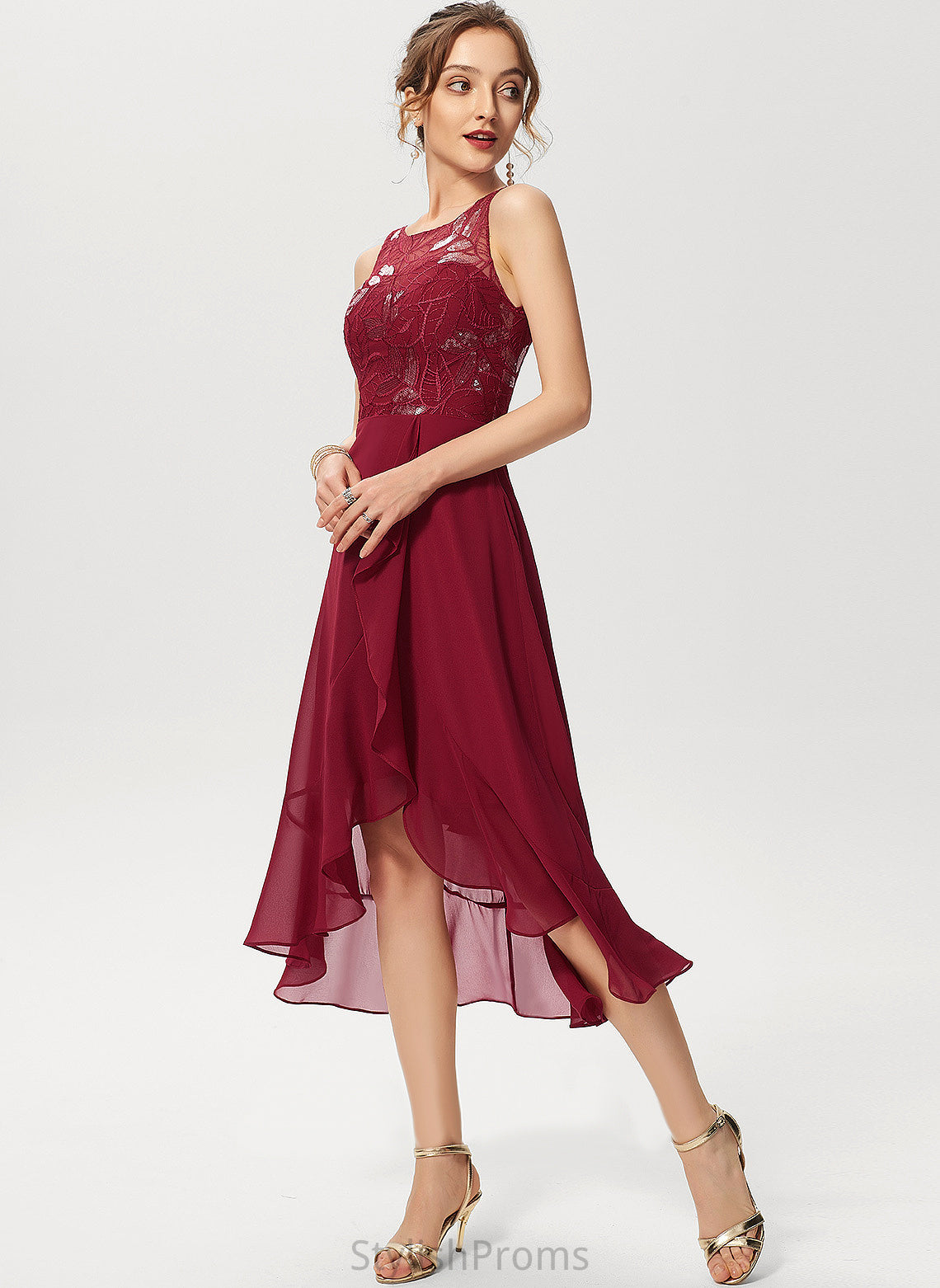 Chiffon Lillianna Sequins Asymmetrical Cocktail A-Line With Ruffles Neck Dress Scoop Lace Cascading Cocktail Dresses