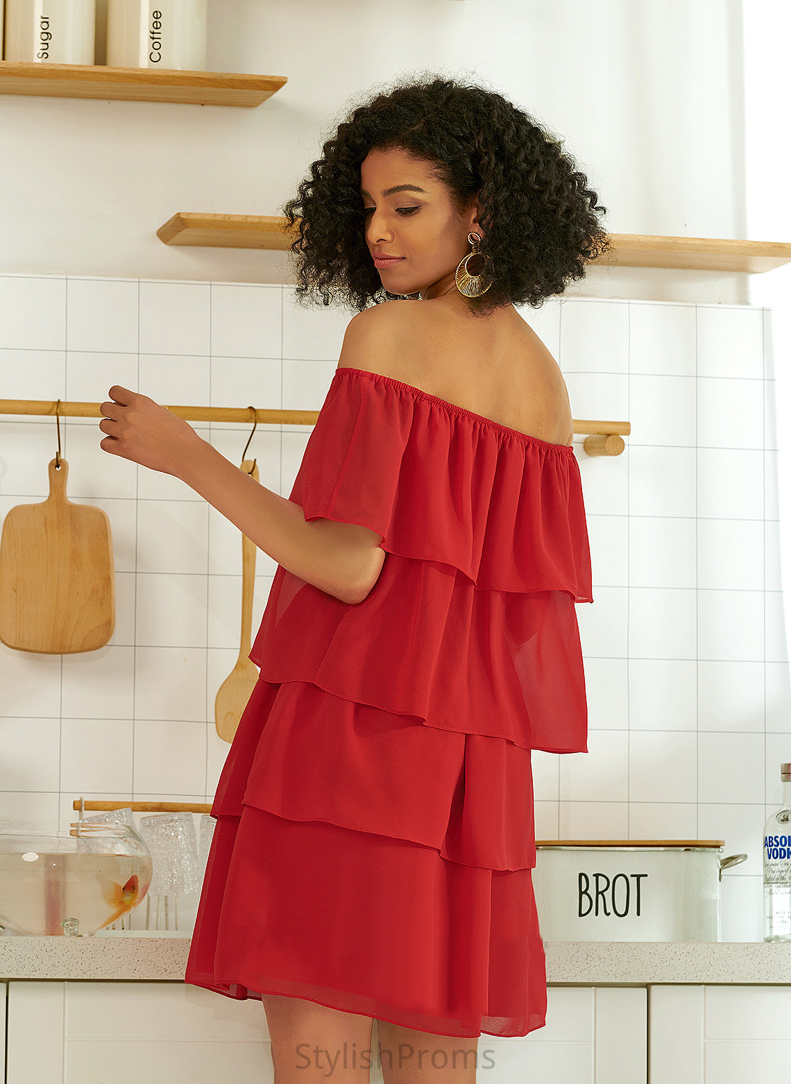 Cocktail Dresses Short/Mini Chiffon Cocktail Dress Linda Off-the-Shoulder With Ruffle