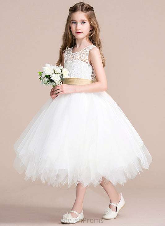 Sleeveless Tulle/Lace Dress (Detachable Scoop Maci Hole Flower Girl Dresses Flower With - sash) Sash/Back A-Line Neck Tea-length Girl