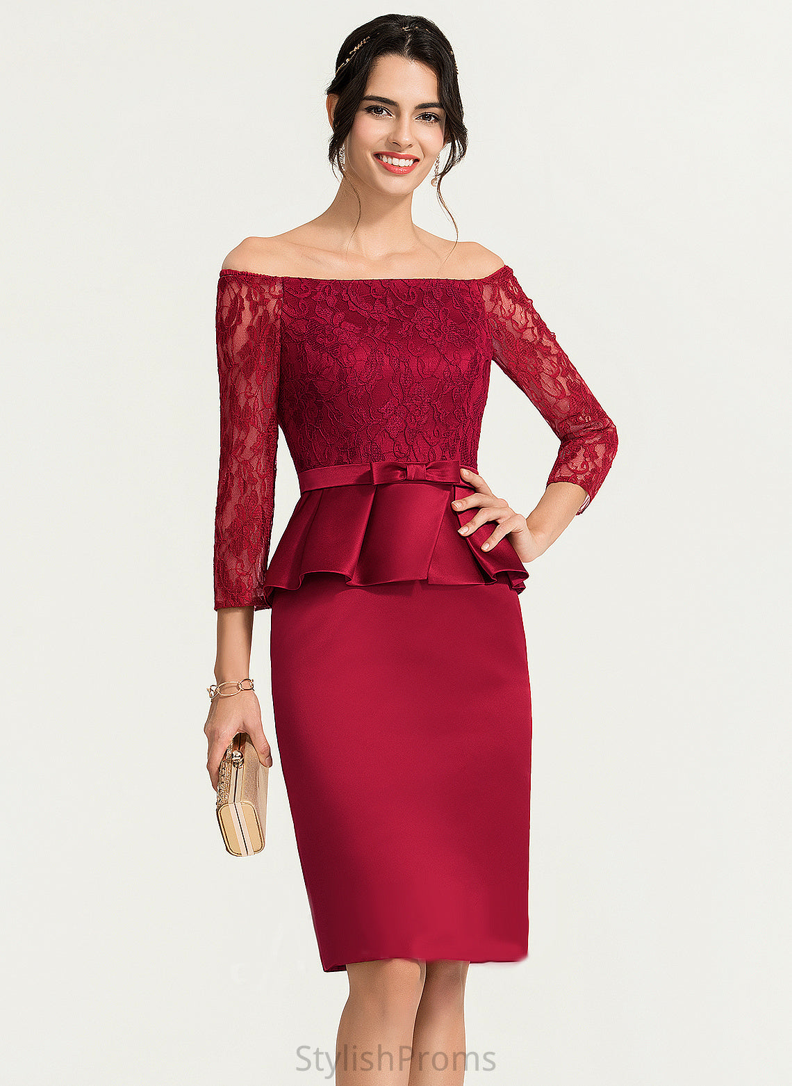 Satin Dress Sheath/Column Knee-Length Cocktail Off-the-Shoulder Cocktail Dresses Lace Eliana