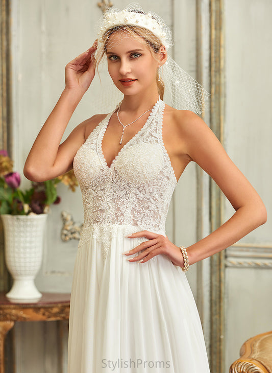 Essence Sweep A-Line Wedding Dresses Chiffon Dress Halter Wedding Lace Train