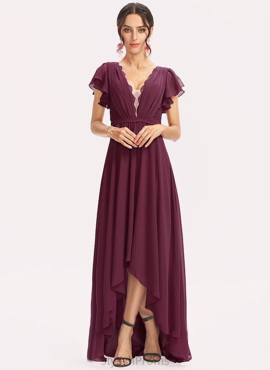 Ruffles Dress Asymmetrical Cocktail Cascading With Chiffon Tiffany V-neck A-Line Cocktail Dresses Lace