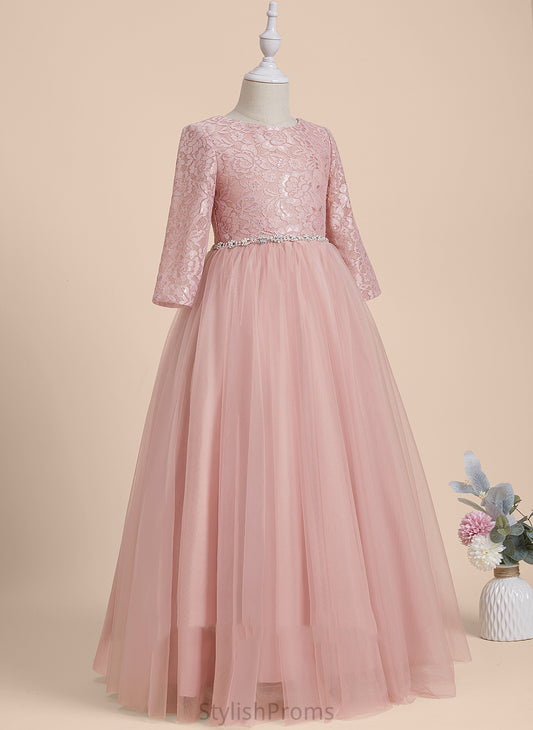 Tulle Flower Gabriela Floor-length Beading/V Scoop Long - A-Line Girl Back Sleeves With Flower Girl Dresses Dress Neck