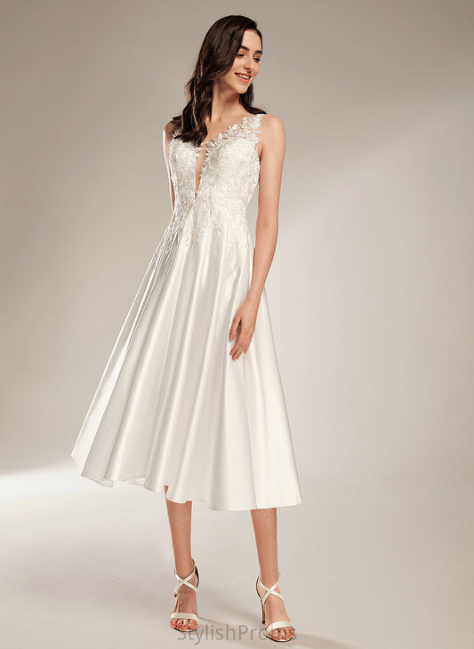 A-Line Satin Carla V-neck Dress Wedding Dresses Wedding Lace Tea-Length