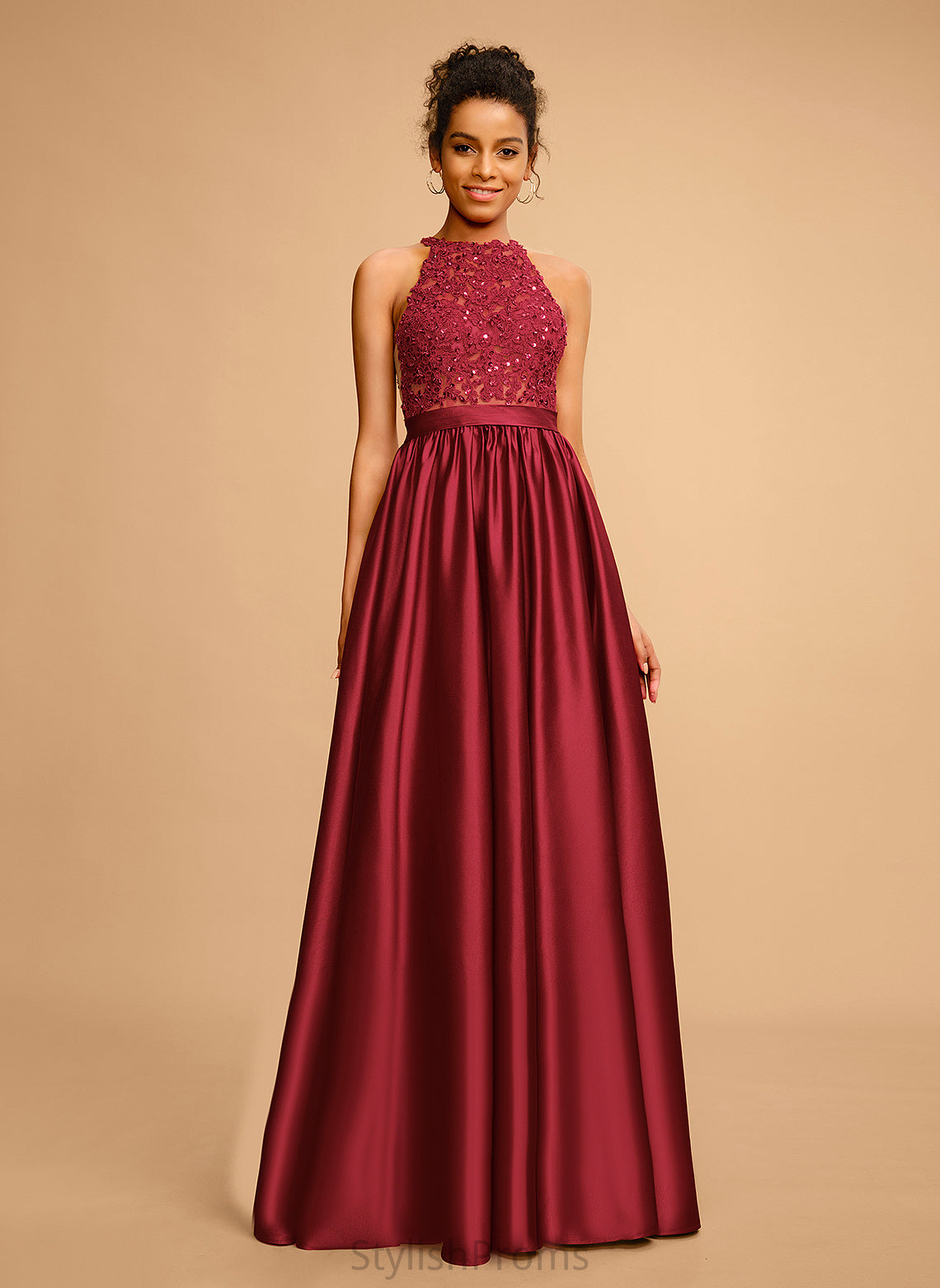 With Ball-Gown/Princess Lace Floor-Length Satin Prom Dresses Sequins Tamara Halter