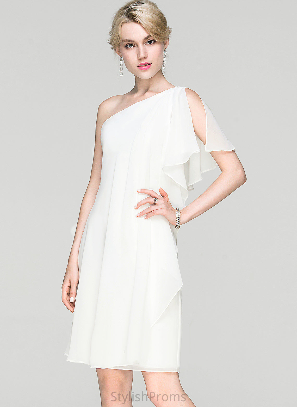 Cocktail Sheath/Column Ruffle Chiffon Knee-Length Sydnee One-Shoulder With Dress Cocktail Dresses