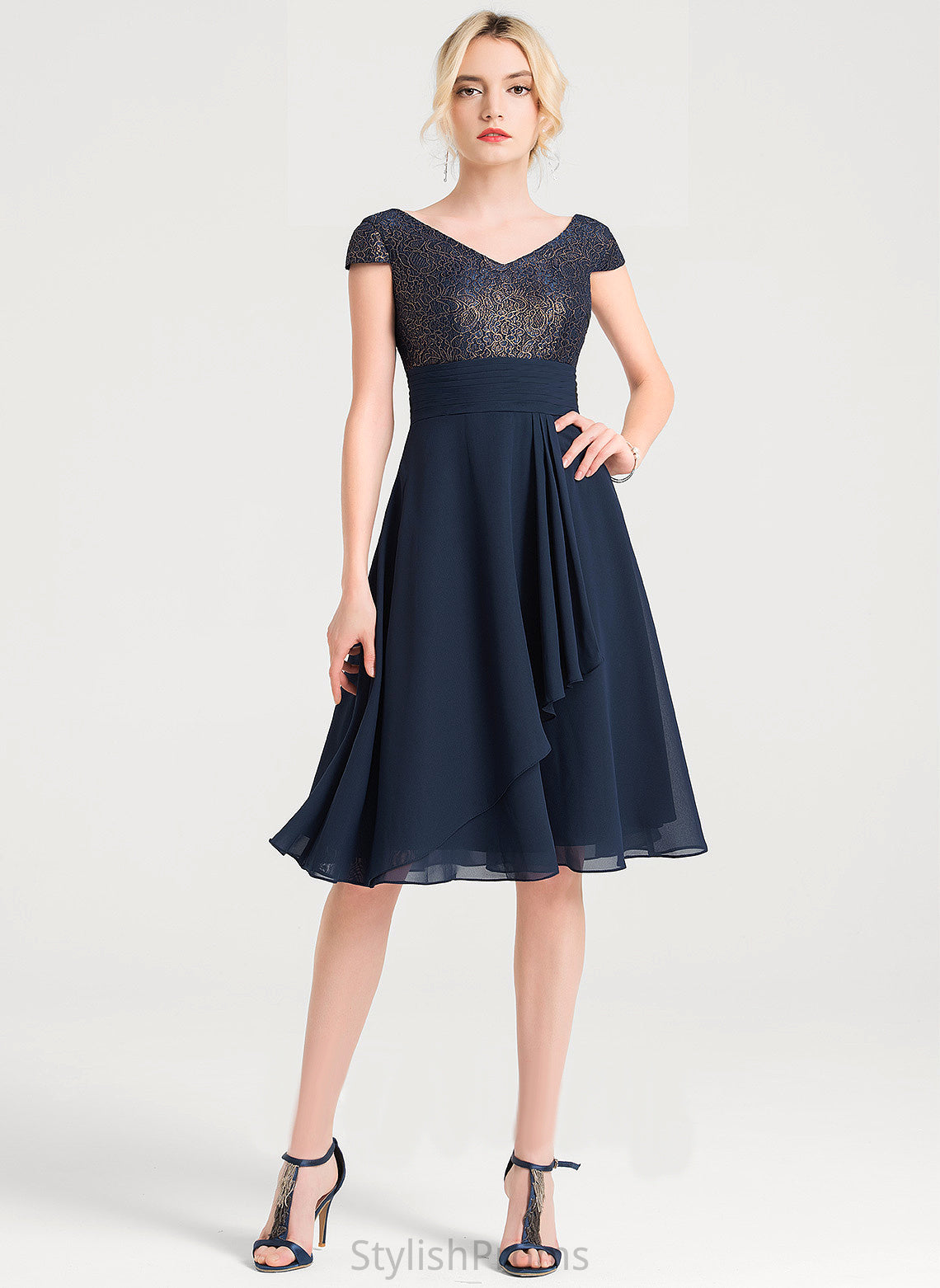 Knee-Length Dress Lace Miya A-Line Chiffon Ruffles With Cocktail V-neck Cocktail Dresses Cascading