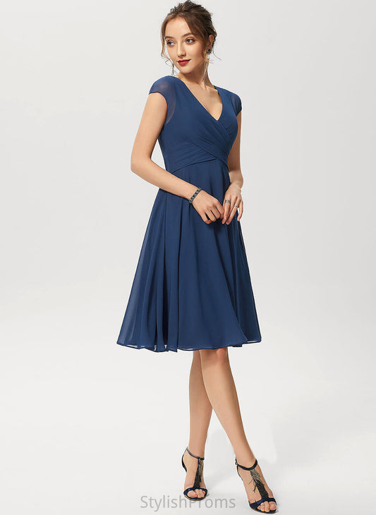 Ruffle Chiffon Cocktail A-Line Sahna Dress V-neck With Cocktail Dresses Knee-Length