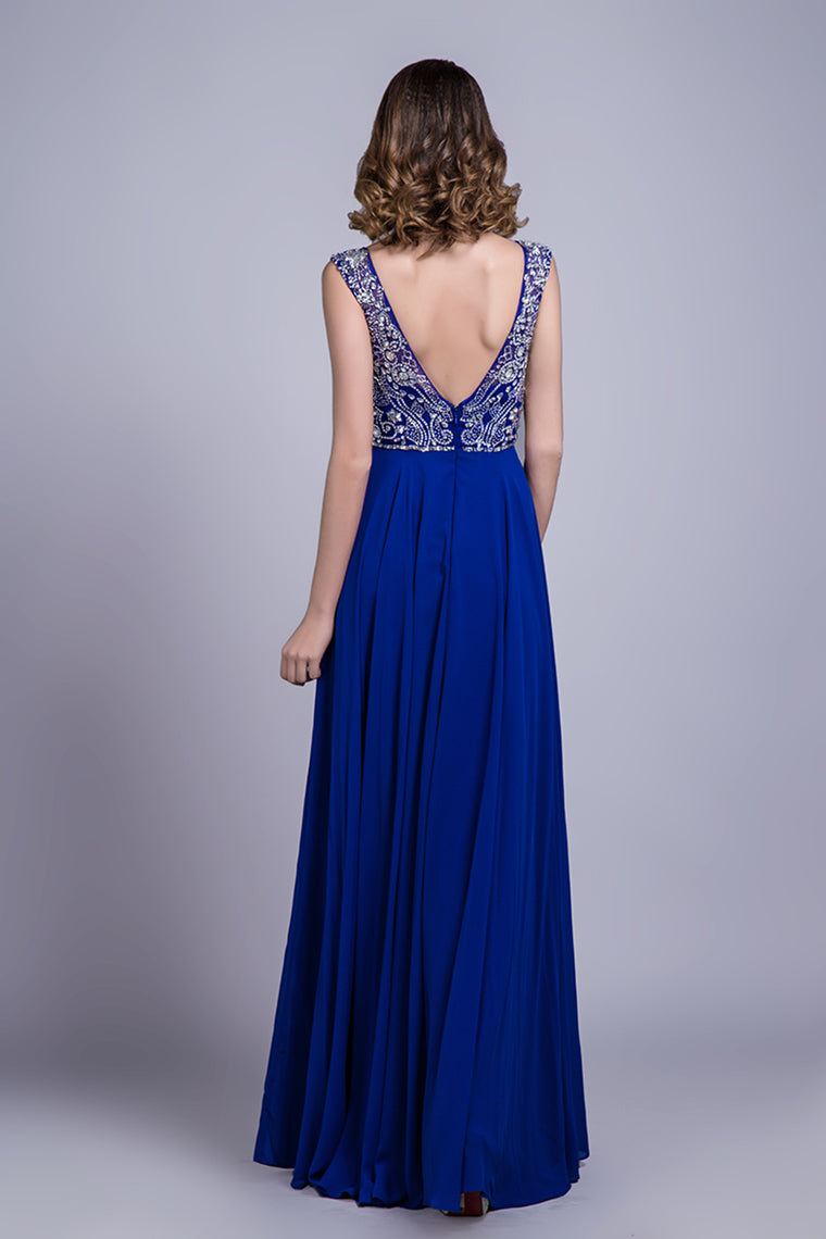 2024 Hot Selling Prom Dresses Dark Royal Blue A-Line Scoop Floor-Length Chiffon