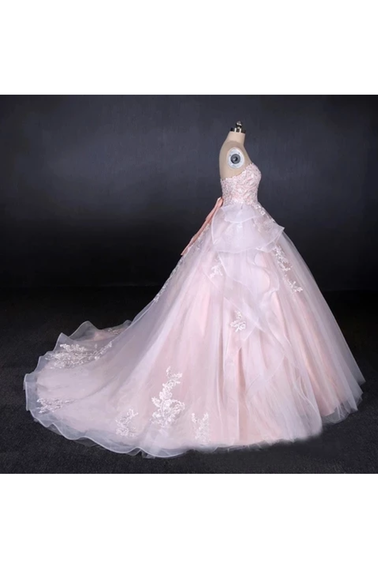 Ball Gown Strapless Sweetheart Wedding Dresses With Lace Applique, Tulle Prom Dresses