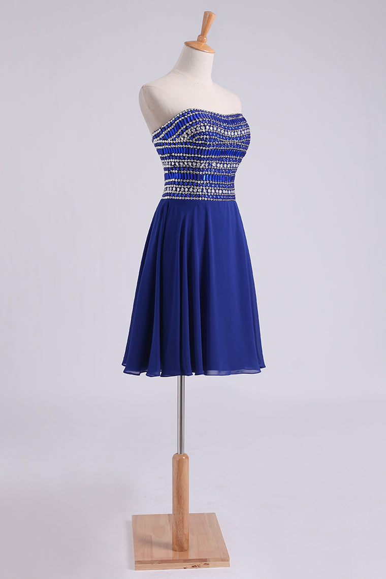 2024 A Line Short/Mini Strapless Dark Royal Blue Chiffon Homecoming Dresses With Rhinestone