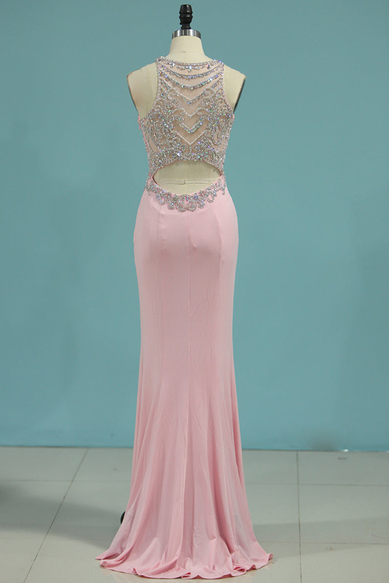 2024 Spandex Scoop Open Back Beaded Bodice Prom Dresses Mermaid