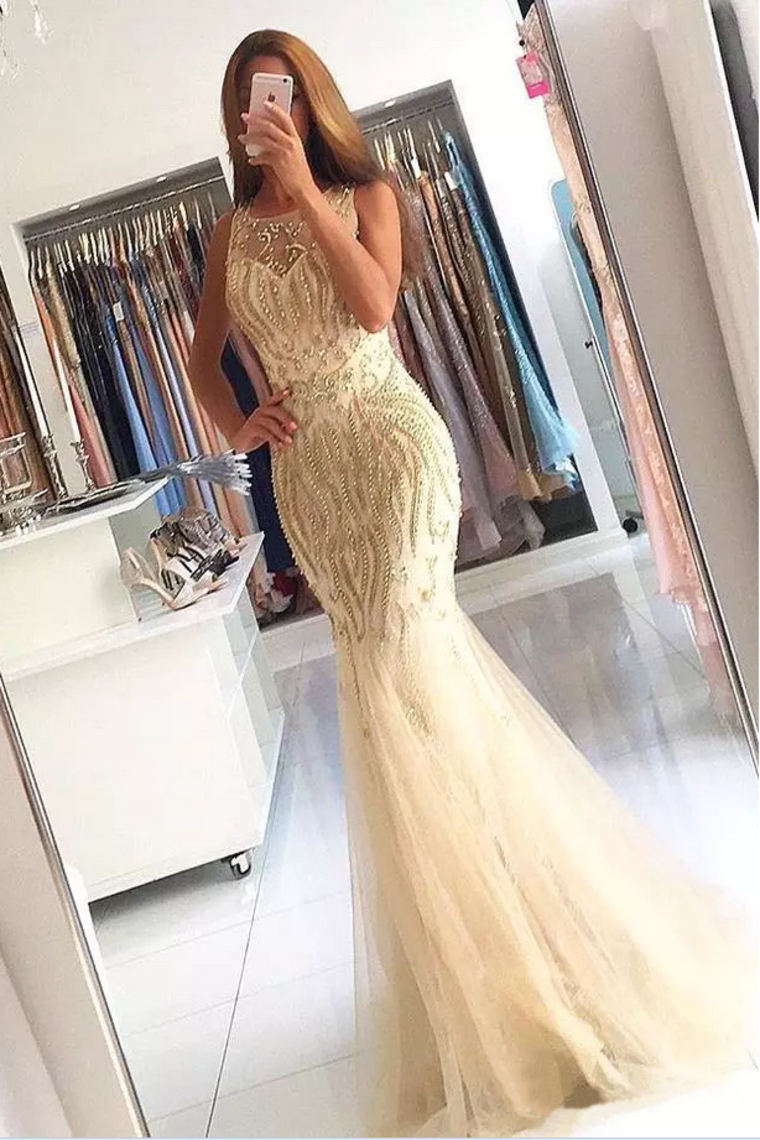 2024 Prom Dresses Scoop Beaded Bodice Tulle Sweep Train Mermaid