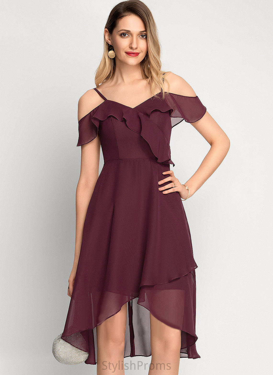 Cocktail Dresses Chiffon Off-the-Shoulder Dress Cocktail Asymmetrical Yamilet A-Line