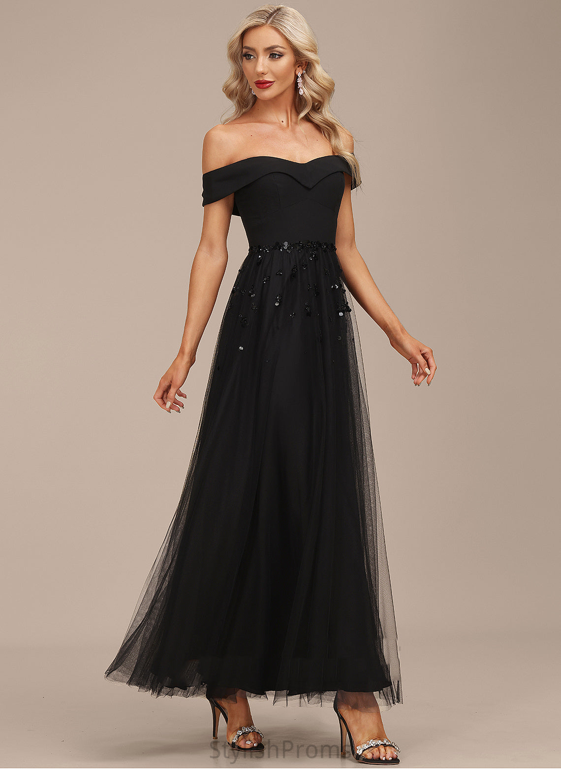 Sequins Cocktail Dresses Off-the-Shoulder A-Line Cocktail With Ankle-Length Dress Chiffon Beading Nathaly Tulle