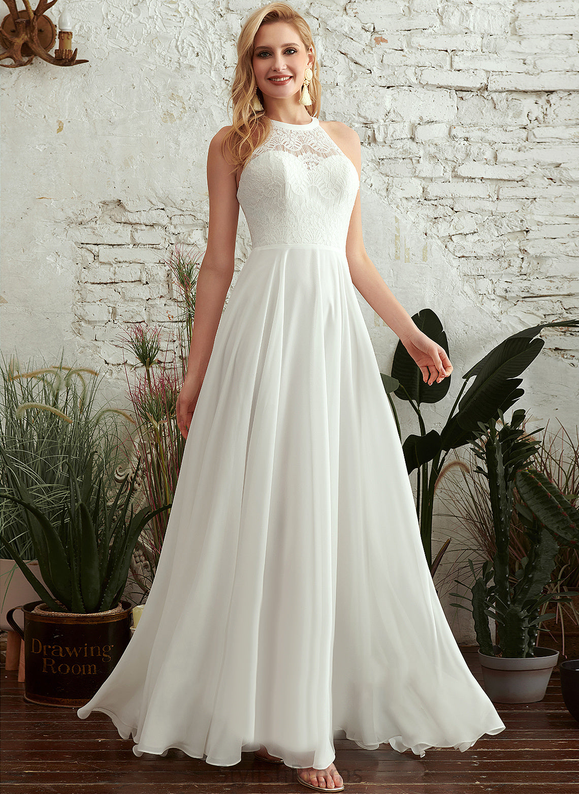 Dress Chiffon Floor-Length Wedding Wedding Dresses Scoop Laney A-Line Lace