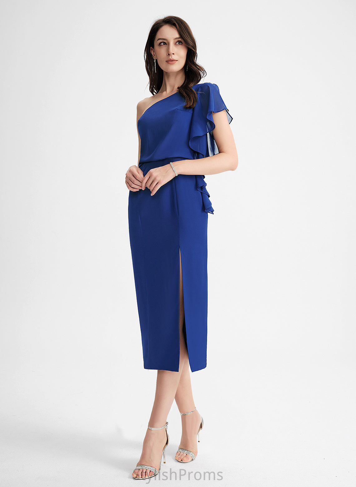 Cocktail Dresses Ruffle One-Shoulder Sheath/Column Tea-Length Harriet Chiffon Cocktail Dress With