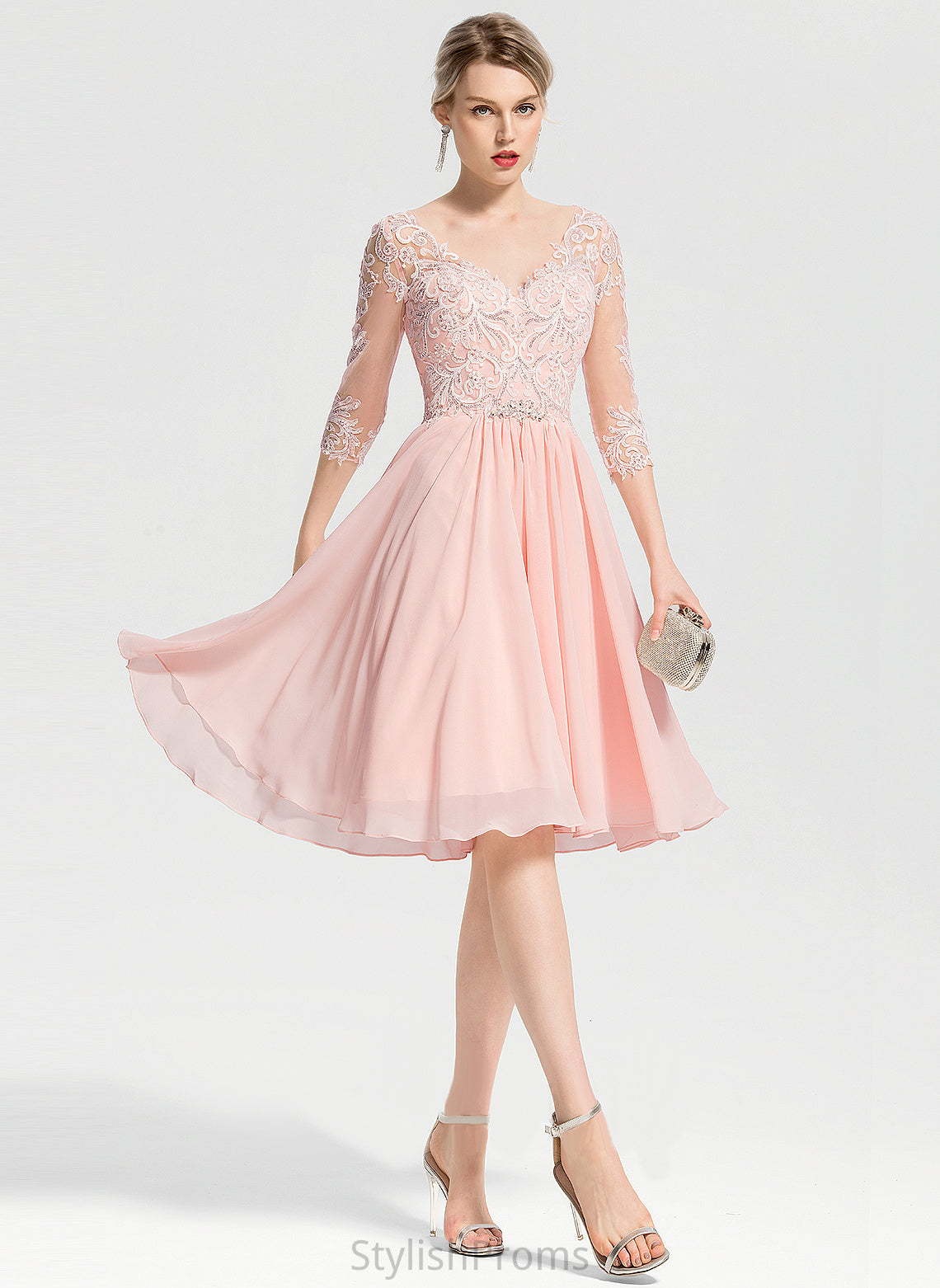 Dress V-neck A-Line Cocktail Magdalena Chiffon Lace Knee-Length Cocktail Dresses With Beading