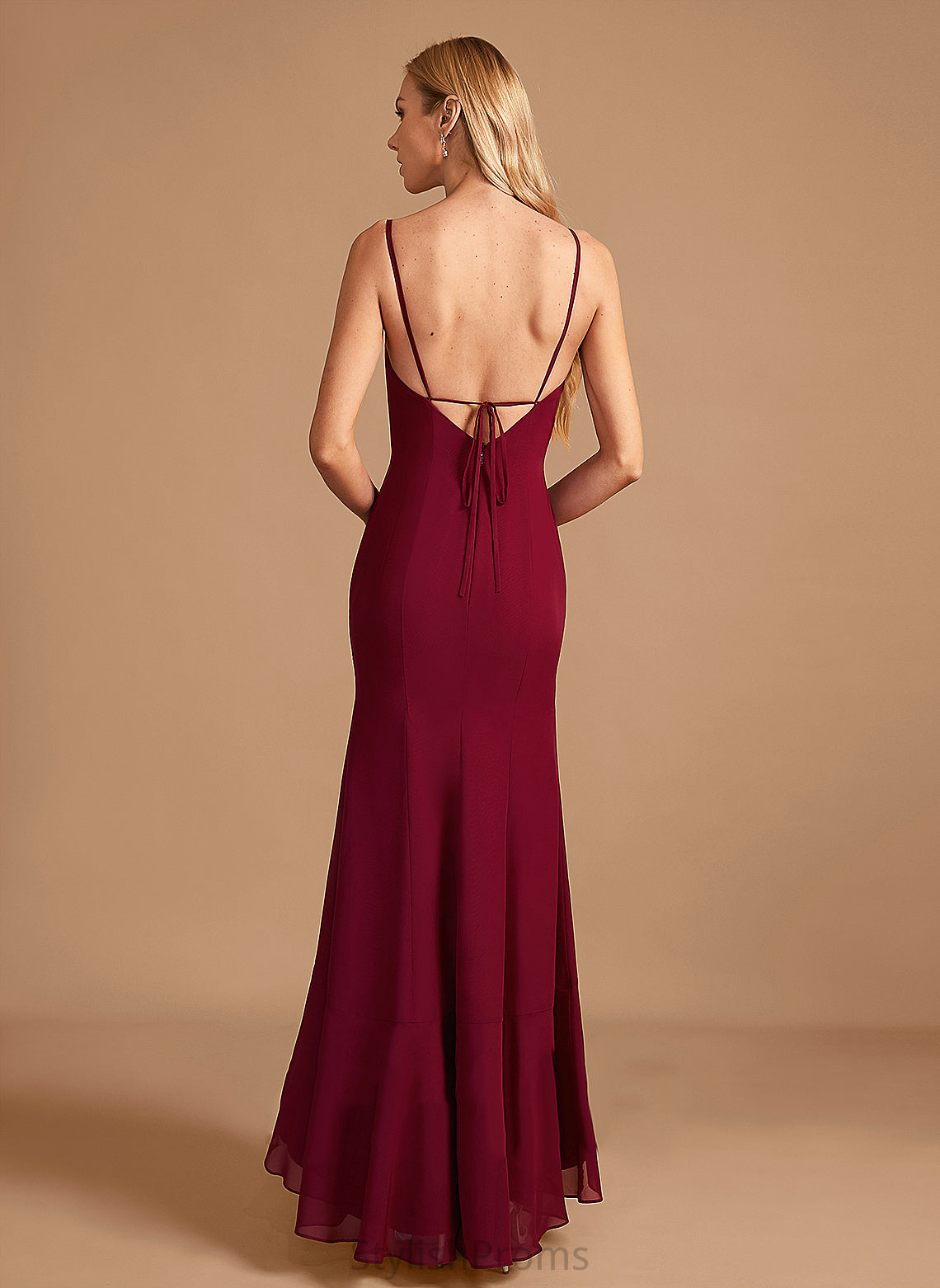 Trumpet/Mermaid Embellishment Ruffle Length Fabric SquareNeckline SplitFront Floor-Length Neckline Silhouette Yasmine Sleeveless Bridesmaid Dresses