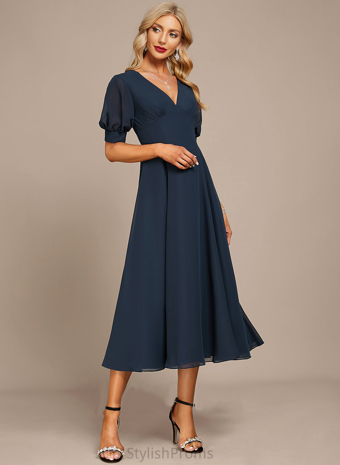 Cocktail V-neck Dress Tea-Length Meredith A-Line Chiffon Cocktail Dresses With Ruffle