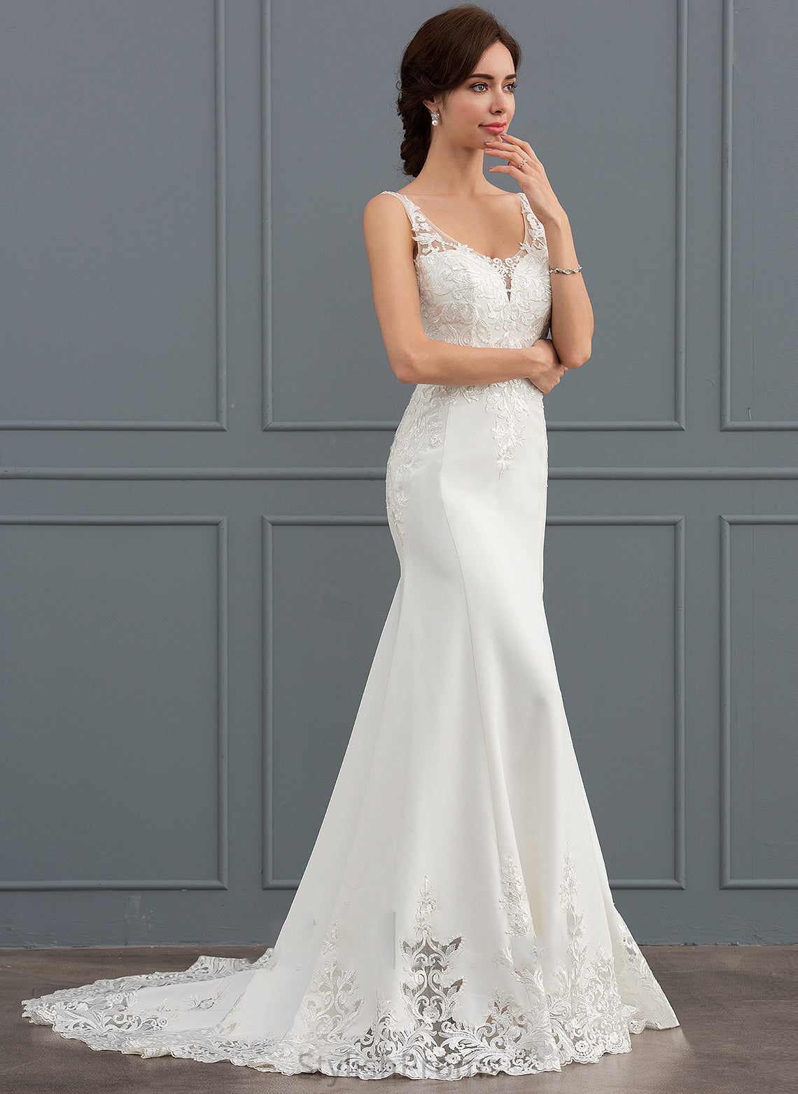 Trumpet/Mermaid Court V-neck Wedding Dresses Stretch Aliya With Crepe Sequins Dress Lace Wedding Train